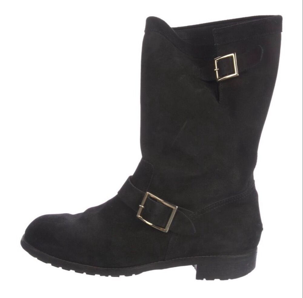Jimmy Choo Black Suede Mid Calf Moto Boots 41